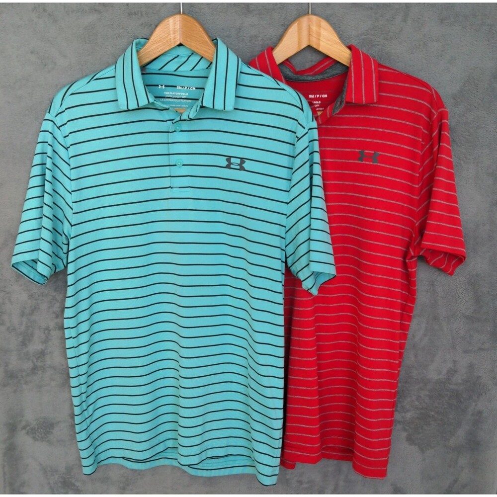 Lot Of 2 Under Armour Playoff Polo Shirts Mens S Green Red Striped Short Sleeve